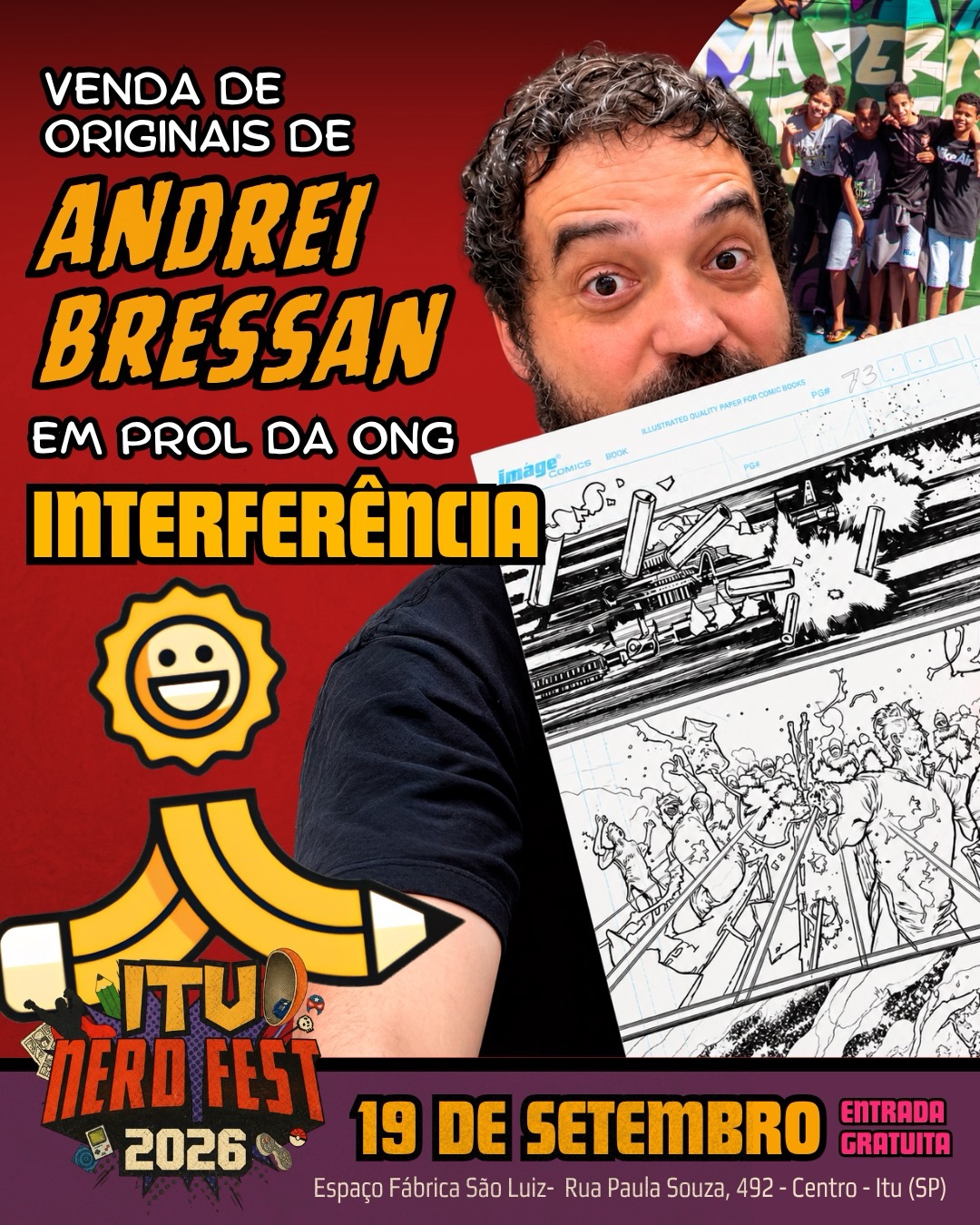 Venda beneficente de artes originais de Andrei Bressan no Itu Nerd Fest 2026